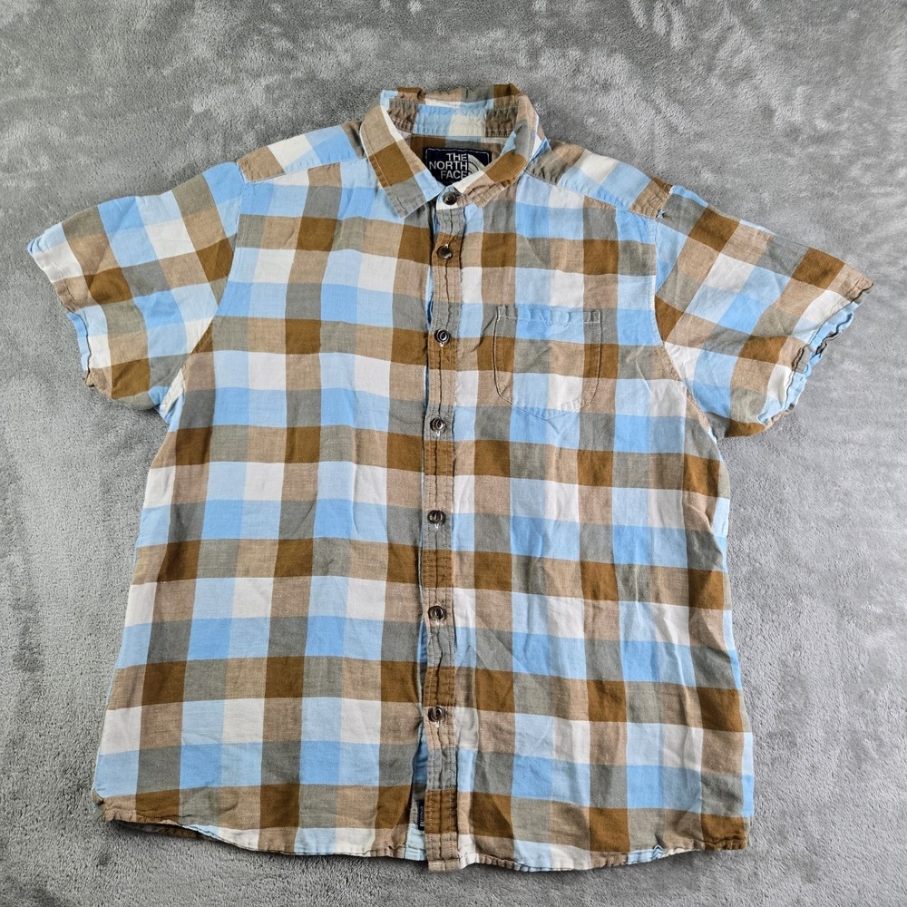 The North Face Blue Brown White Plaid Short Sleeve Button-Up Shirt
